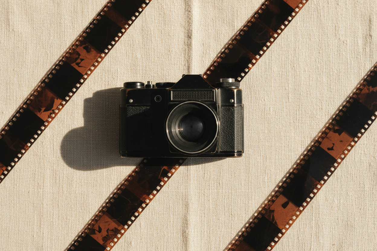 Camera and film strips flat lay
