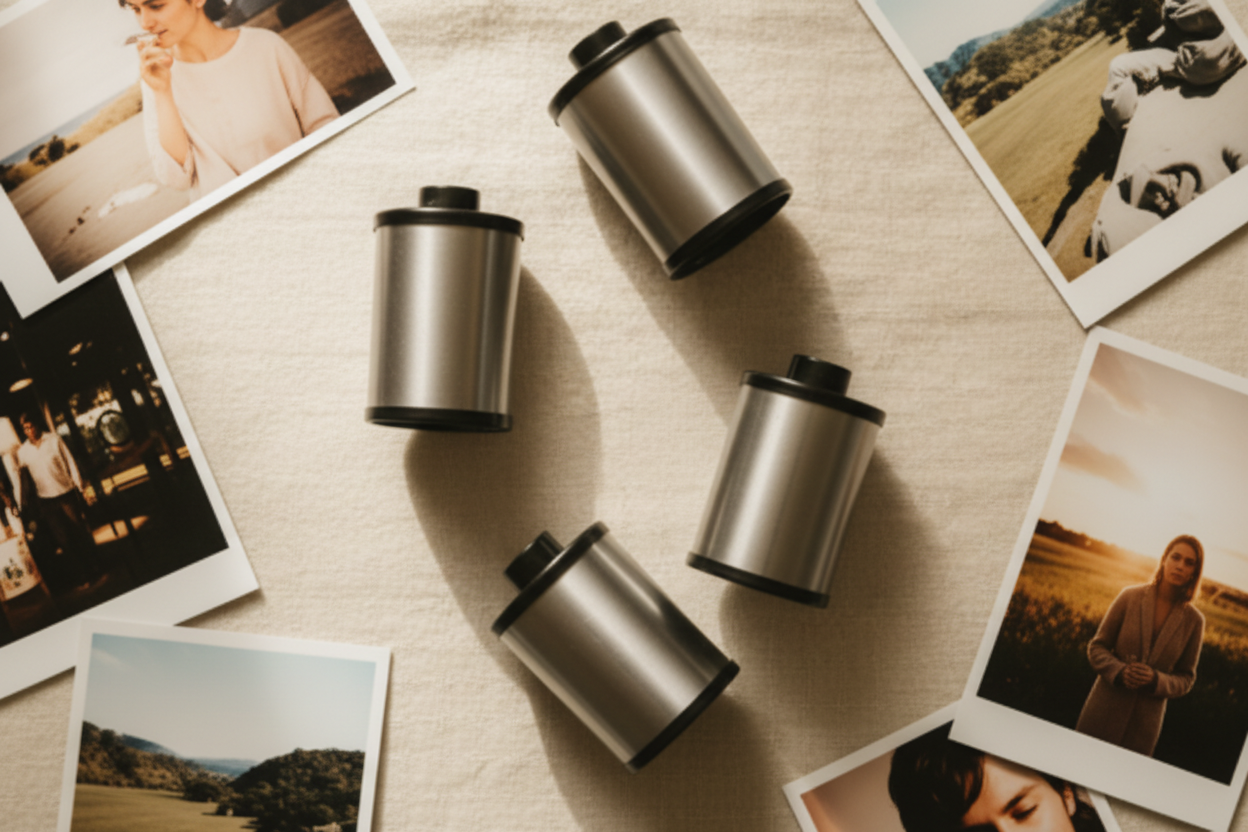 Film canisters and prints flat lay - cleaned up