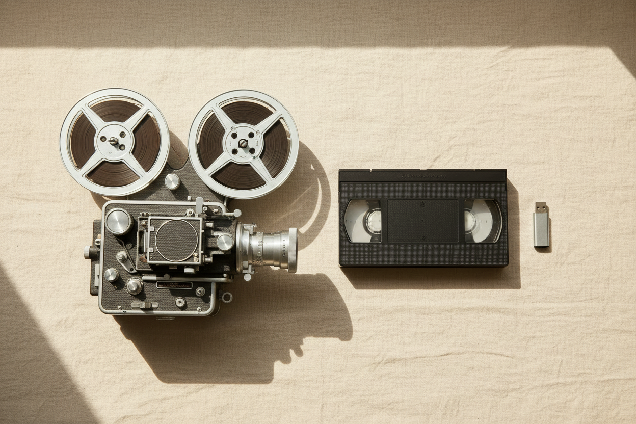 Vintage projector with reels, VHS and USB flat lay